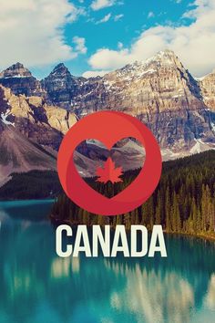 the canadian flag is overlaid by mountains and water