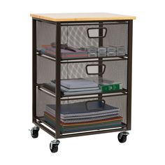 an office cart with three shelves and four file drawers on wheels, each holding files