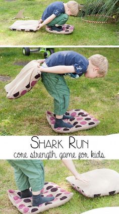 a young boy riding on top of a skateboard in the grass with text overlay that reads shark run core strength gone get kids