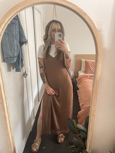 Layered Fall Dress Outfit, Layered Shirt Dress Outfit, Long Sleeve Under Maxi Dress, Dress With Tshirt Under Outfits, Bohemian Layered Outfits, Midi Dress With Shirt Underneath, Layered Midi Dress Outfit, Layer Bodycon Dress Outfit, Shoes For Slip Dress