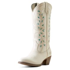 Beautiful craftsmanship meets everyday wearability. With a traditional profile and pretty, feminine stitching, this elegant boot looks as good with a flowy dress as it does with skinny jeans. Desert Holly Western Boot | Product Features : 0 : ATS® technology provides ergonomic support on uneven terrain, 1 : Hand-nailed vegetable-tanned leather sole | Women's Desert Holly Western Boots in Crema Full-grain leather, Size: 6.5 B / Medium by Ariat Rush Outfits, Elegant Boots, Bridal Boots, Womens Work Boots, Ariat Boots, Western Boots Women, Western Boot, Crazy Shoes, Flowy Dress