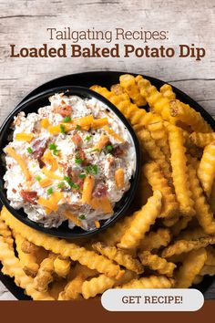 loaded baked potato dip in a black bowl with text overlay reading tailgating recipes loaded baked potato dip get recipe