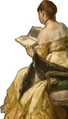 a painting of a woman in a yellow dress sitting on a chair reading a book