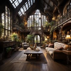 a living room filled with lots of furniture and large windows above it's high ceiling