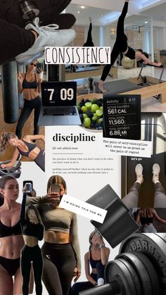 a collage of photos with women doing different things in the background, including dumbbells and exercise equipment