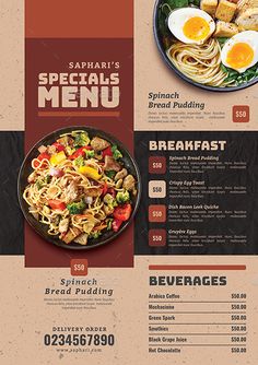 a restaurant menu with noodles and eggs on it