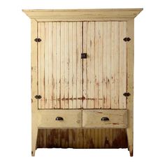 an old wooden cabinet with two doors on the front and one door open to reveal drawers