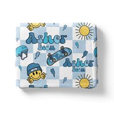 a blue and white checkered blanket with an image of a skateboarder on it