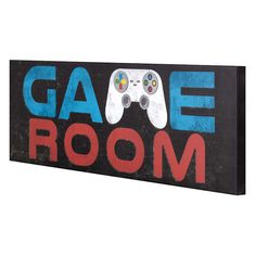 a wooden sign that says game room with two video game controllers painted on the side