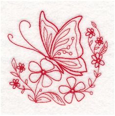 a red embroidered butterfly with flowers on it