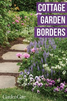 a garden with purple and white flowers next to a stone path that says cottage garden borders