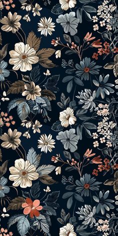 an image of a floral wallpaper with many flowers and leaves on the dark blue background