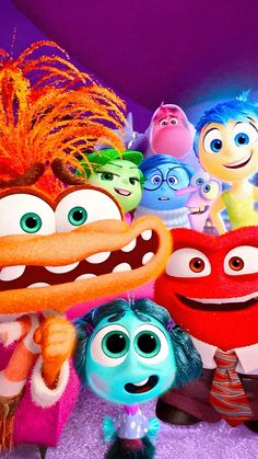 the characters from inside out in front of a purple background with an orange and blue monster