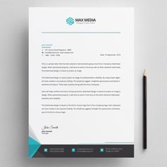 a professional letterhead and business card on a white surface with a pencil next to it