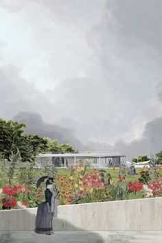 an artist's rendering of a woman standing in front of a garden with flowers