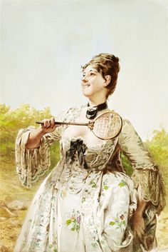 a painting of a woman in an old fashion dress holding a stick and looking up at the sky