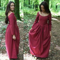 A beautiful one piece dress with boned front, lace-up back, and classic long sleeves, atop a simple gathered skirt in your choice of length - mini, knee, midi or maxi. Made in your choice of colour of our premium linen (or another fabric/pattern if you prefer), and to your proportions. Pictured is our Burgundy colour, maxi length. Sizing: Please specify your minimum bust and waist size for the corset when ordering. The laces allow for a lot of loosening beyond this. Length: Mini dress = 18" long Medieval Dress Women, Long Sleeve Dresses With Historical Design For Costume, Long Sleeve Dresses For Medieval Festivals, Long Sleeve Dresses For Larp In Fall, Elegant Fitted Long Sleeve Peasant Dress, Fairytale Long Sleeve Costume Dress, Fitted Long Sleeve Victorian Dress In Medieval Style, Fitted Medieval Dress With Long Sleeves, Medieval Style Fitted Long Sleeve Dress