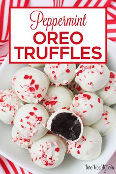 peppermint oreo truffles in a white bowl on a red and white striped tablecloth