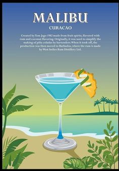 a poster with a blue cocktail on the beach