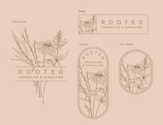 the logo for rooted consulting and consulting is shown in three different shapes, including an oval frame