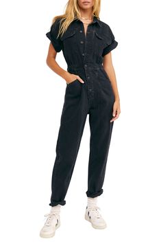 Rock an effortless casual-cool vibe in this denim jumpsuit designed in an inky wash with abbreviated sleeves. Spread collar Short sleeves 100% cotton Machine wash, tumble dry Imported Denim Jumpsuit Outfit, Black Denim Jumpsuit, Designer Jumpsuits, Jumpsuit Outfit, Denim Jumpsuit, Black Denim, Free People, Jumpsuit, Short Sleeves