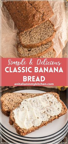 a loaf of bread with cream cheese on top and the words simple & delicious classic banana bread