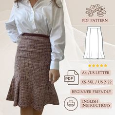 a woman wearing a skirt and shirt with the instructions to sew her own skirt