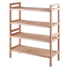 a wooden shelf with three shelves on each side