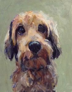 a painting of a brown dog with black eyes