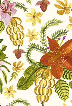 an artistic painting of flowers and leaves on a white background with yellow, pink, red, green and orange colors