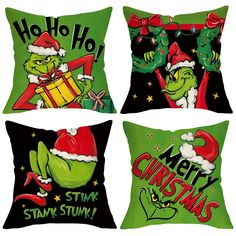 four christmas pillows with the grin's characters in green, red and black on them