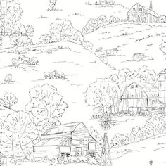 a drawing of a farm scene with houses and trees