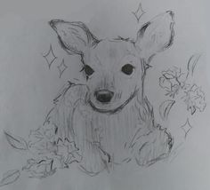 a pencil drawing of a dog sitting on the ground with flowers in front of it