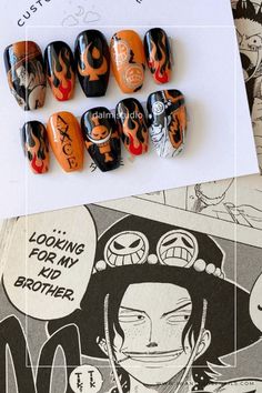 Luffy From One Piece, Ace Nails One Piece, Ace One Piece Nails, Anime Inspired Nail Art, Easy Anime Nails, Zoro Nails