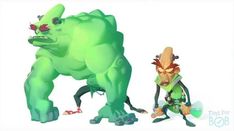 two cartoon characters are standing next to each other in front of a large green monster