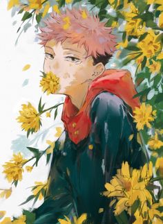 a painting of a boy with pink hair and red scarf in front of yellow flowers