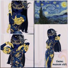 four different pictures of a woman dressed in blue and gold with her hands on her hips