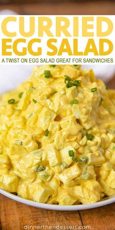 scrambled egg salad in a white bowl on a wooden table with the title overlay