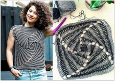 a woman standing next to a crocheted square