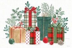 a watercolor painting of presents with holly and pine cones on the top, wrapped in plaid