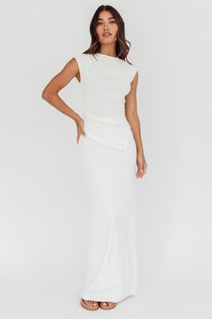 Calculated Ribbed Knit Maxi Skirt White White Ribbed Stretch Maxi Dress, Fitted Maxi Skirt For Day Out, Chic Ribbed Maxi Skirt For Spring, Spring Ribbed Stretch Maxi Skirt, Spring Stretch Ribbed Maxi Skirt, Fitted Ribbed Maxi Skirt, Fitted Ribbed Maxi Skirt For Spring, Spring Ribbed Maxi Dress, White Mock Neck Top