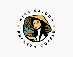 the miss saigon premium coffee logo is shown on a white background and features an image of a woman in a hat