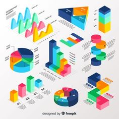 colorful info graphics set with graphs and pies on the top, below it is an image