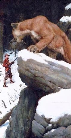 a painting of a man and a bear in the snow