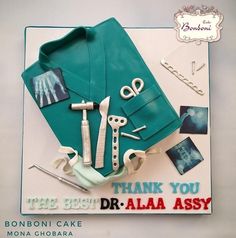 there is a cake made to look like a doctor's work jacket and tools