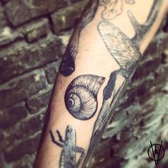 a person with a tattoo on their arm has a snail and other things in the background