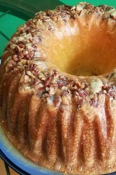 a bundt cake sitting on top of a blue plate