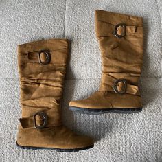 Y2K brown faux suede boots calf length/knee high with ruching and silver buckle details. Marked size 6 (Sole measures 3 inches width by 10 inches length) Suede Knee High Boots, Faux Suede Boots, Winter Boho, Suede Boots Knee High, Buckle Boots, Boots Fall, Hush Puppies, Suede Boots, Boot Shoes Women