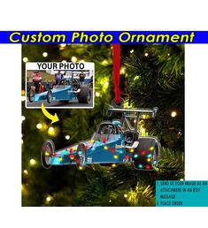 a christmas ornament with a racing car on it