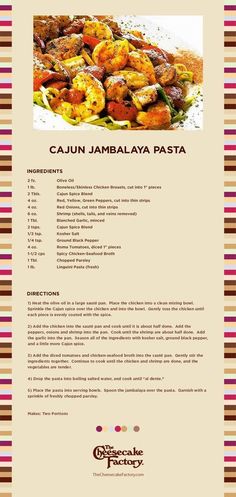 the menu for cajun jamalaya pasta